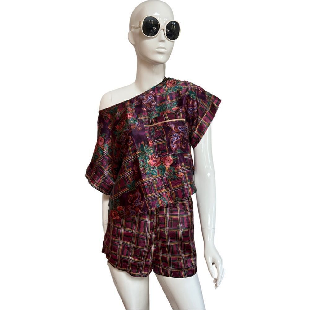 Vintage 80s / 90s Plum Plaid Floral Print Satin 2 Piece Shorts Crop Top Pajamas